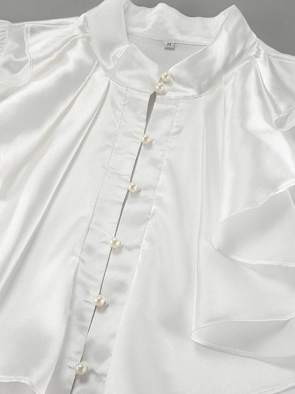 Falbala Solid Color Split-Joint Flared Sleeves Loose Stand Collar Blouses&Shirts Tops