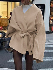 Solid Color Tied Waist Long Sleeves Loose V-Neck Outerwear