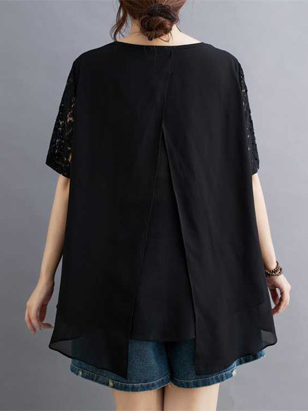 Hollow Solid Color Split-Back Split-Joint Loose Plus Size Round-Neck T-Shirts Tops