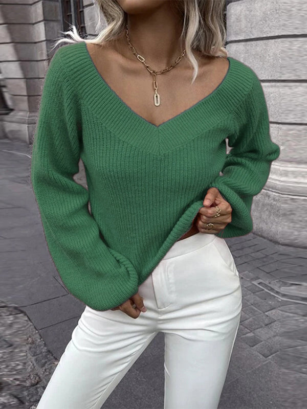Casual Long Sleeves Loose Solid Color V-Neck Sweater Tops
