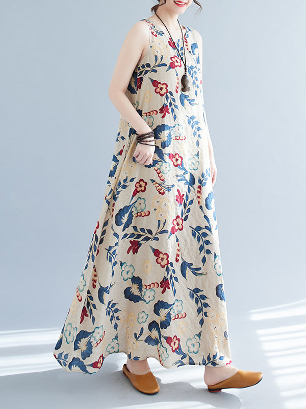 Floral Printed Loose Sleeveless Round-Neck Maxi Dresses