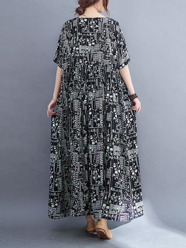 Vacation Loose Short Sleeves Floral Printed Contrast Color Round-Neck Midi Dresses