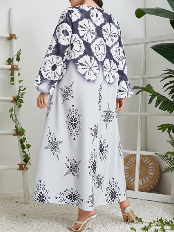 Contrast Color Flower Print Muslim Long Sleeves Loose Round-Neck Midi Dresses