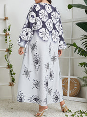 Contrast Color Flower Print Muslim Long Sleeves Loose Round-Neck Midi Dresses
