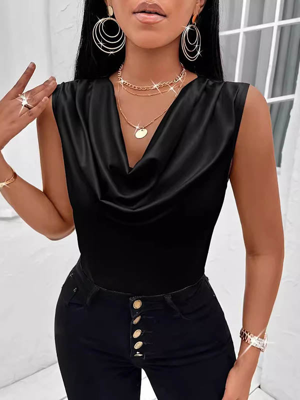 Pleated Solid Color Loose Sleeveless V-Neck Vest Top