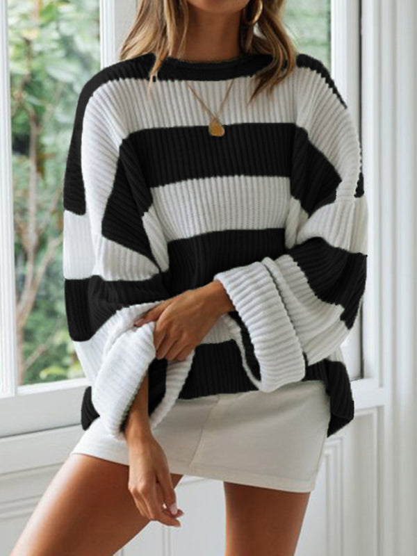 Contrast Color Striped Long Sleeves Loose Round-Neck Sweater Tops Pullovers