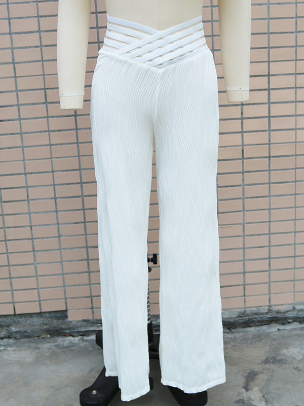 Elasticity Hollow Pleated Solid Color Loose Wide Leg Trousers Pants