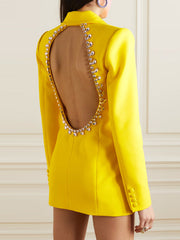 Backless Buttoned Hollow Rhine Stones Solid Color Long Sleeves Deep V-Neck Blazer
