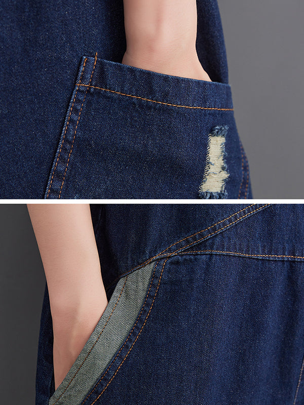 Casual Denim Contrast Color Split-Joint Overalls