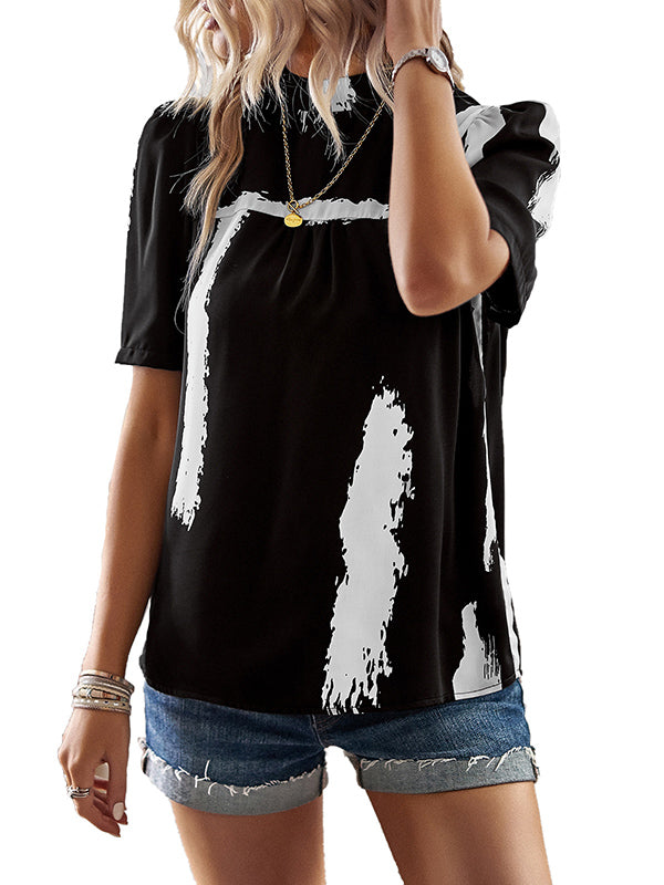 Printed Split-Joint Loose Short Sleeves Mock Neck T-Shirts Tops