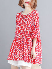Artistic Retro Loose Half Sleeves Printed Pleated Falbala Round-Neck T-Shirts Tops
