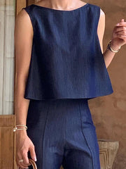 Loose Sleeveless Solid Color Split-Joint Boat Neck Vest Top