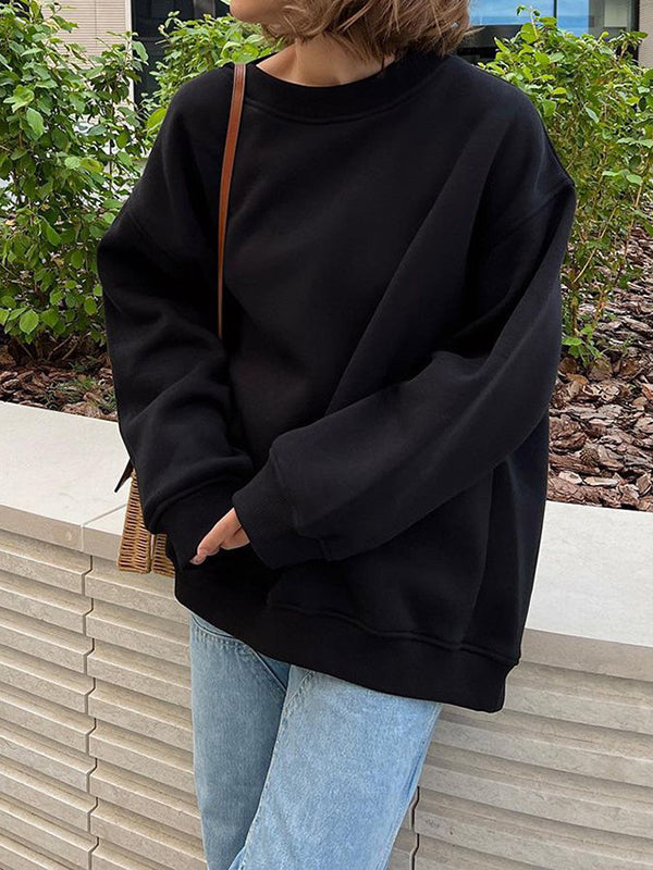 Solid Color Long Sleeves Loose Round-Neck Sweatshirt Tops