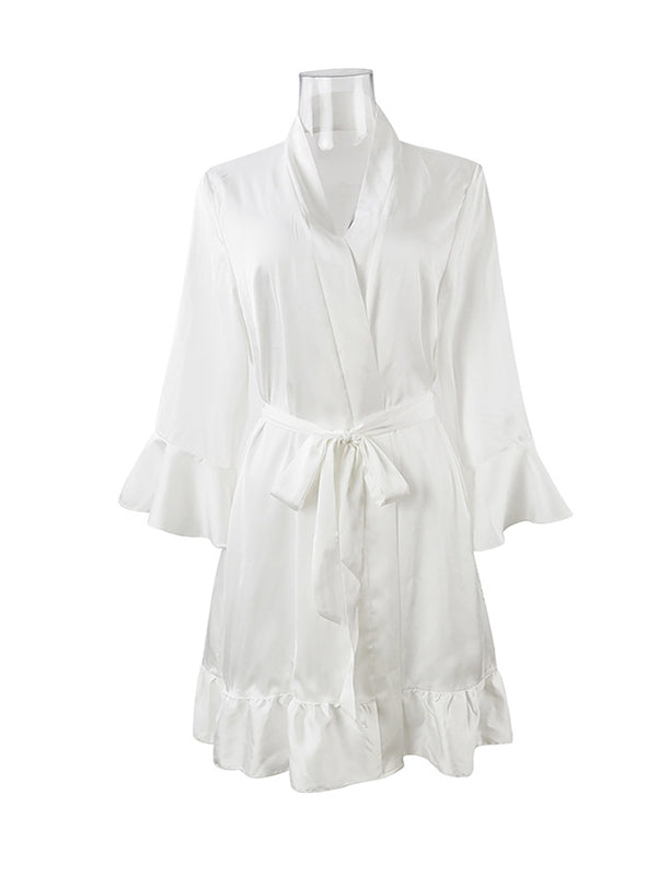 Falbala Ribbed Solid Color Loose V-neck Robes Intimates&Pajamas