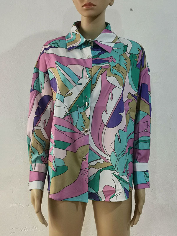 Contrast Color Printed Long Sleeves Loose Lapel Blouses