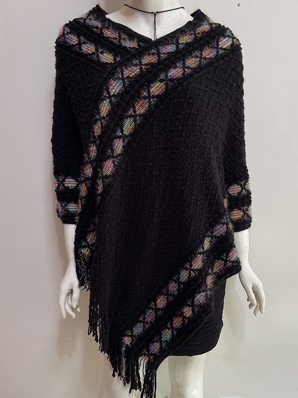 Asymmetric Tasseled Loose V-Neck Shawl&Cloak Cape
