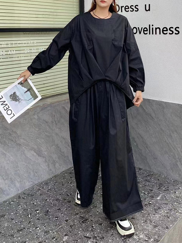 Pleated Solid Color Split-Joint High-Low Long Sleeves Round-Neck Blouses