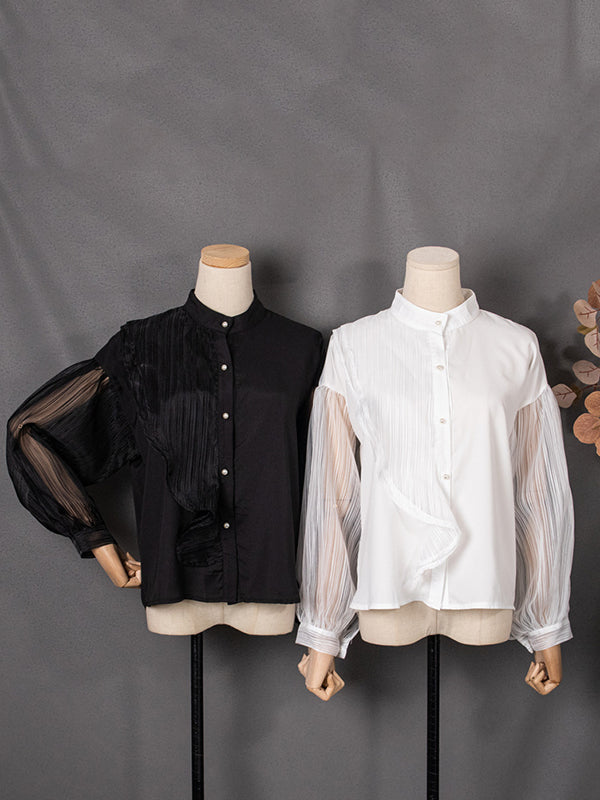 Asymmetric Buttoned See-Through Solid Color Split-Joint Long Sleeves Loose Stand Collar Blouses&shirts Tops