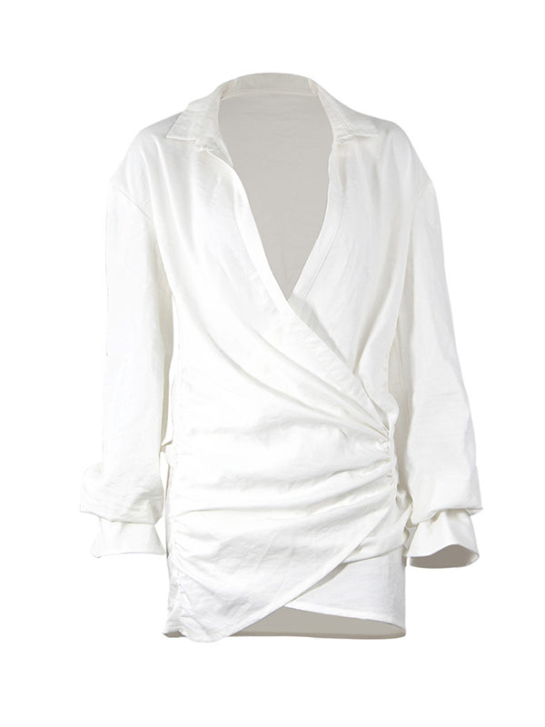 Pleated Solid Color Bodycon Long Sleeves Deep V-Neck Shirt Dress Mini Dresses