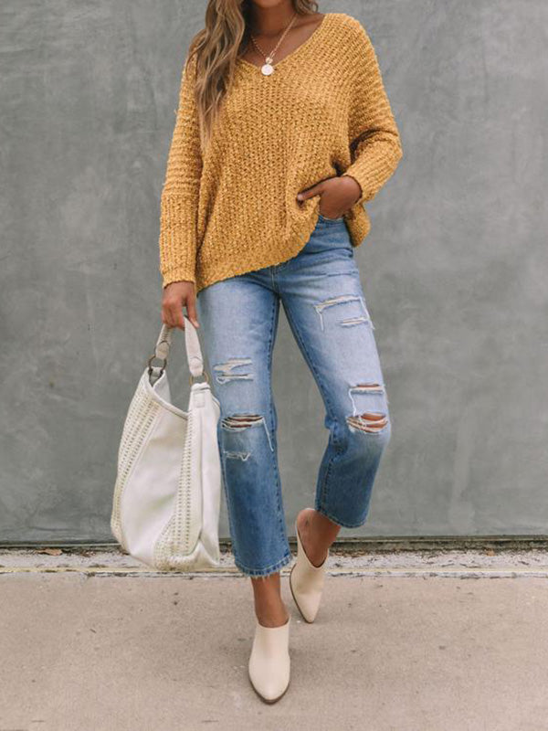 Solid Color Long Sleeves Loose V-Neck Sweater Tops Pullovers Knitwear