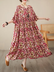 Batwing Sleeves Loose Pleated Split-Joint Round-Neck Midi Dresses