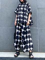 Round-Neck Batwing Sleeves Buttoned Polka-Dot Shirts Top + Elasticity Pockets Harem Pants Pants Bottom Two Pieces Set