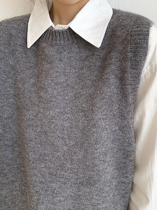 Solid Color Split-Joint Split-side High-low Loose Round-neck Vest Top Knitwear