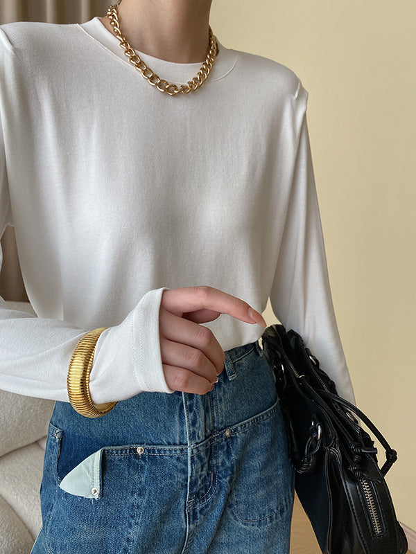 Solid Color Split-Joint Long Sleeves Round-Neck T-Shirts Tops