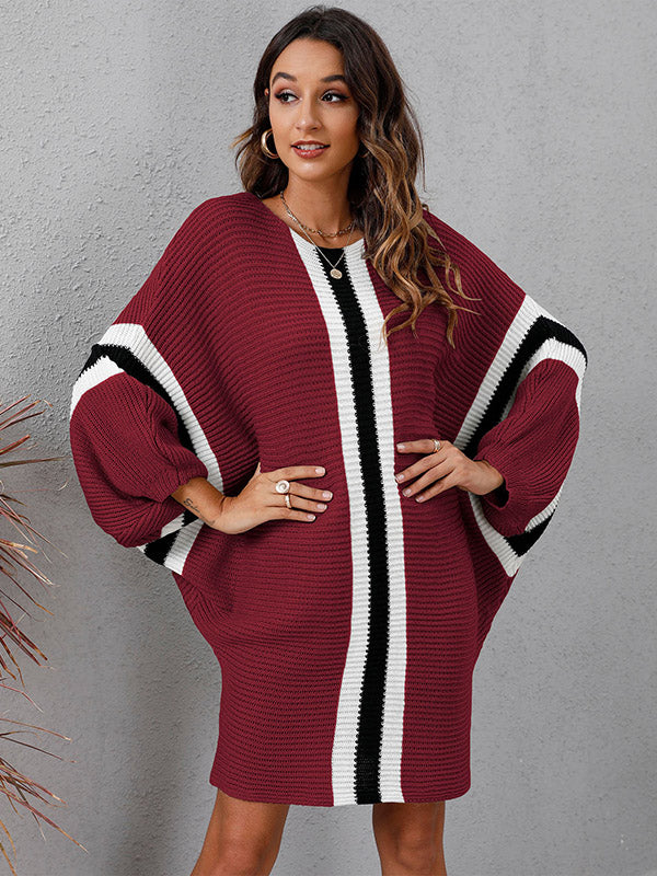 Original Loose 4 Colors Striped Round-Neck Batwing Long Sleeves Sweater Dress
