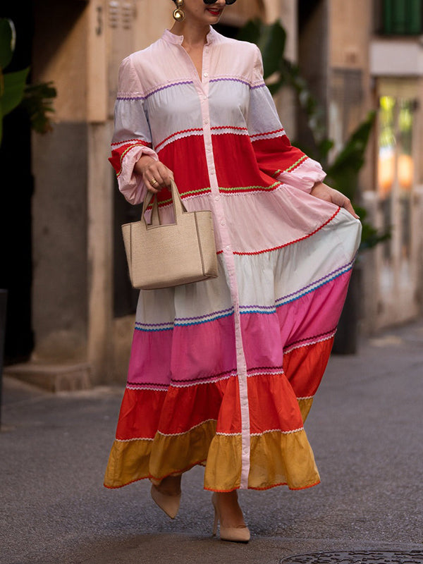 Contrast Color Split-Joint Puff Sleeves Round-neck Shirt Dress Maxi Dresses
