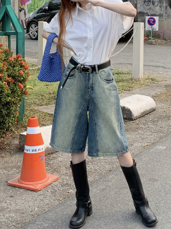 Gradient Split-Joint High Waisted Loose Shorts Half Pants Denim Shorts