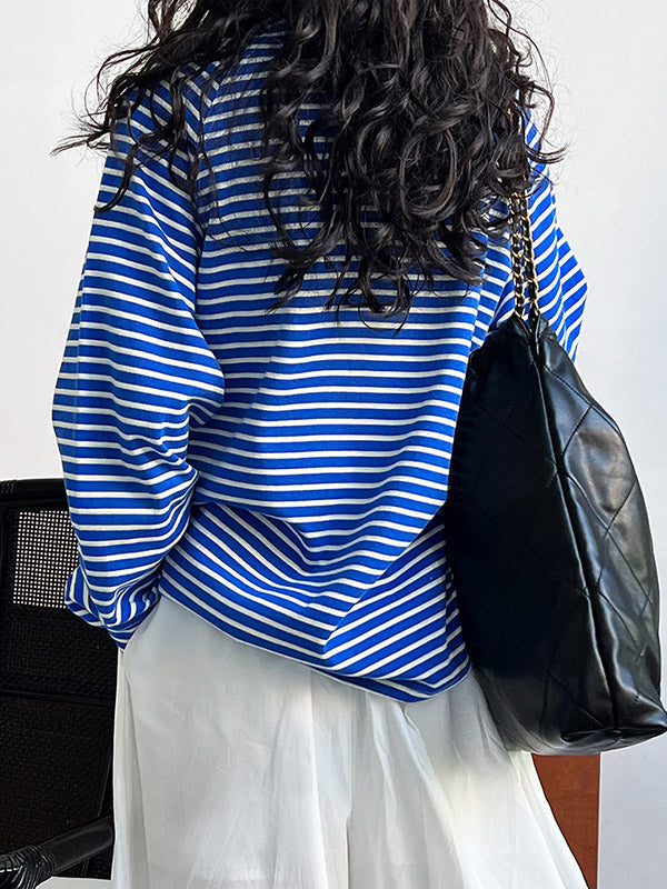 Contrast Color Striped Long Sleeves Loose Round-neck Sweatshirt Tops
