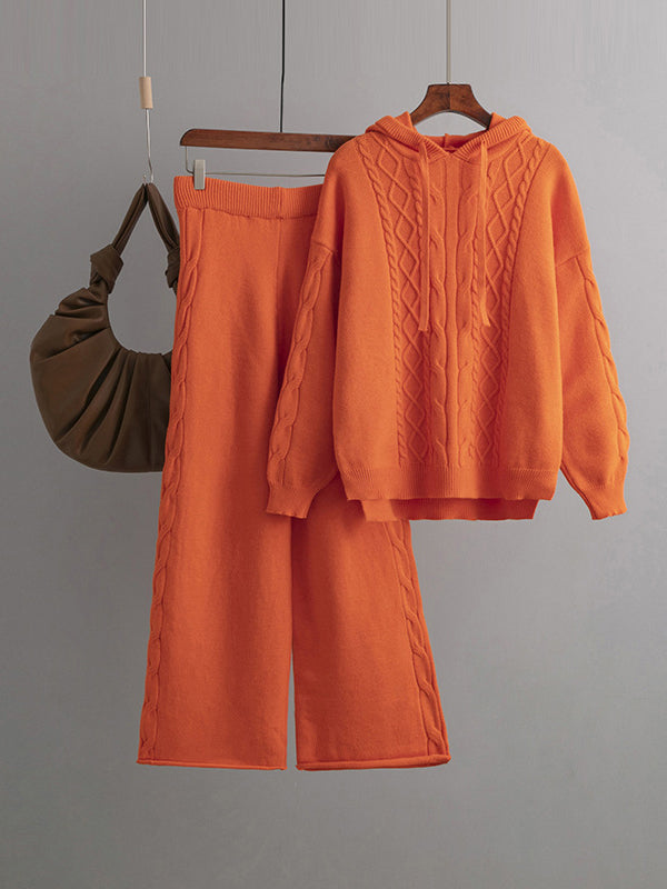 Urban Loose Solid Color Hooded High-Low Sweater Tops & Wide Leg Pants Two Pieces Set