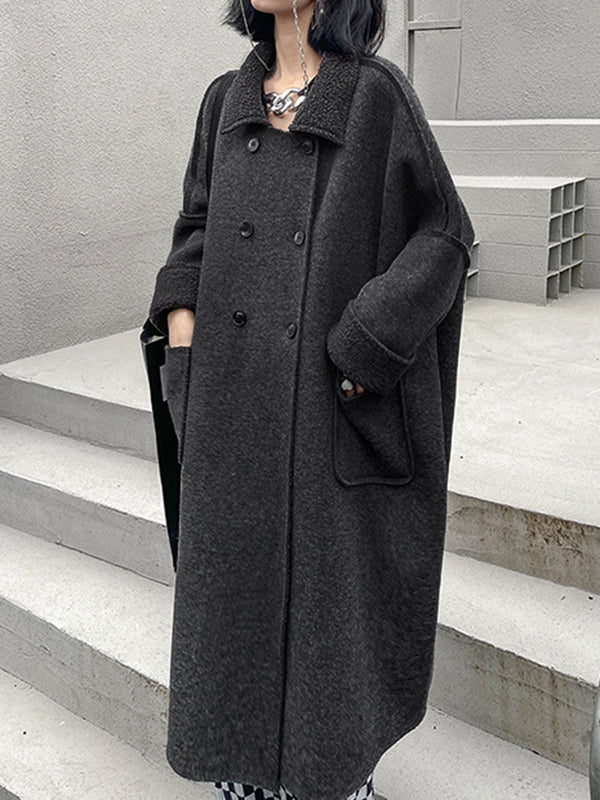 Buttoned Pockets Solid Color Velvet Long Sleeves Loose Lapel Woolen Coat