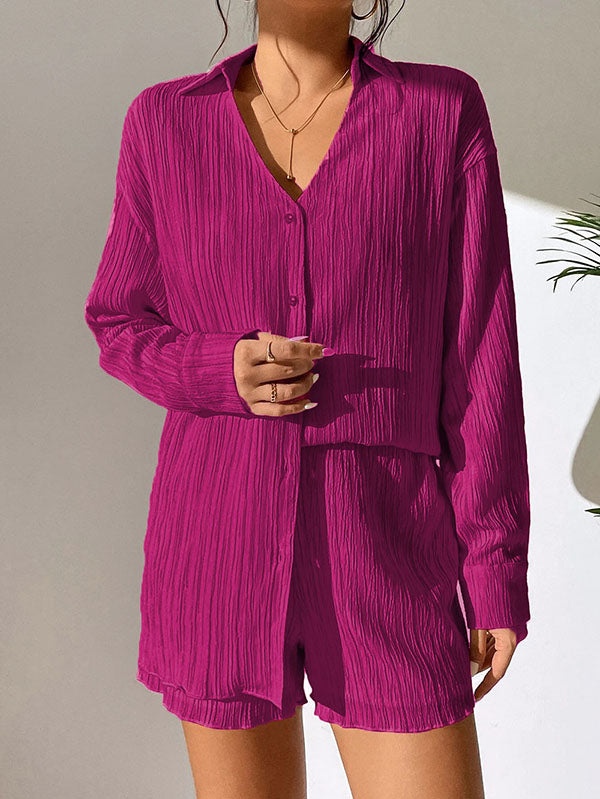 Loose Buttoned Long Sleeves Pleated Solid Color Lapel Shirts Top + Elasticity Shorts Bottom Two Pieces Set