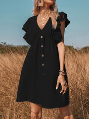 Falbala Pleated Split-Joint Loose Short Sleeves V-Neck Mini Dresses