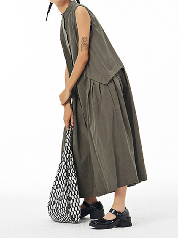 Pleated Solid Color Loose Sleeveless Stand Collar Shirt Dress Midi Dresses