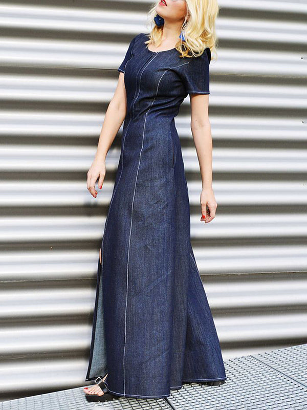 Pockets Split-front Split-Joint Zipper A-line Loose Round-neck Maxi Dresses