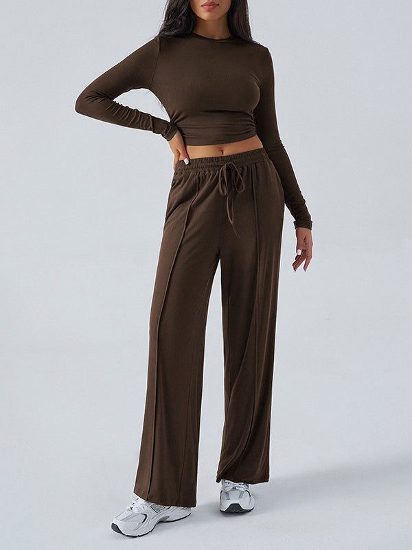 Round-Neck Long Sleeves Loose Solid Color T-shirt Top + Drawstring Elasticity Pockets Pants Bottom Two Pieces Set
