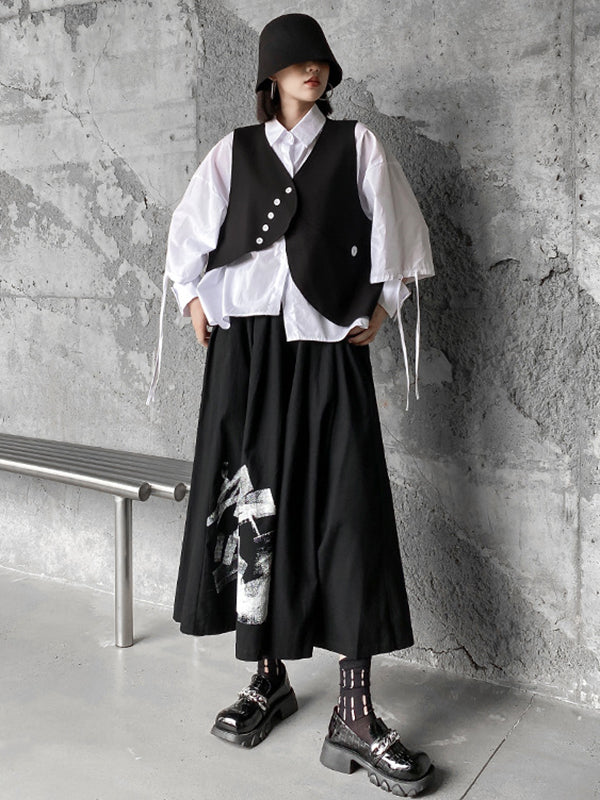 Original Loose Lace-Up Hollow Sleeve Blouse+Black Vest+Wide Leg Pants Culotte Three Pieces Set