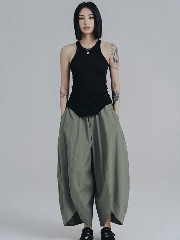 Simple Loose Elasticity Waist Wide Leg Solid Color Pants