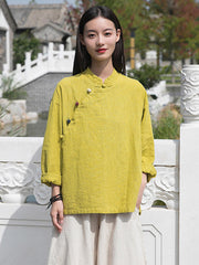 Vintage Ramie Cotton Stand Collar Loose Long Sleeve Shirt