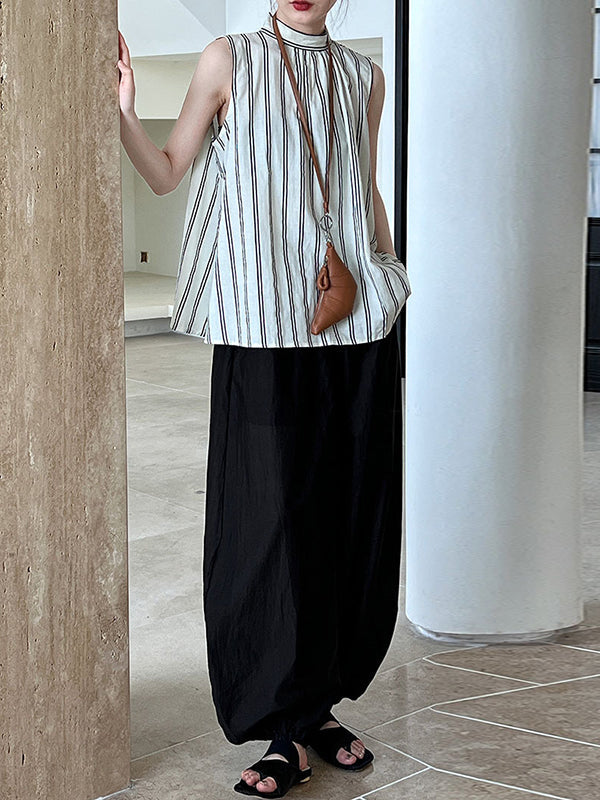 Lace-Up Pleated Split-Joint Streamer Striped Loose Sleeveless Stand Collar Vest Top