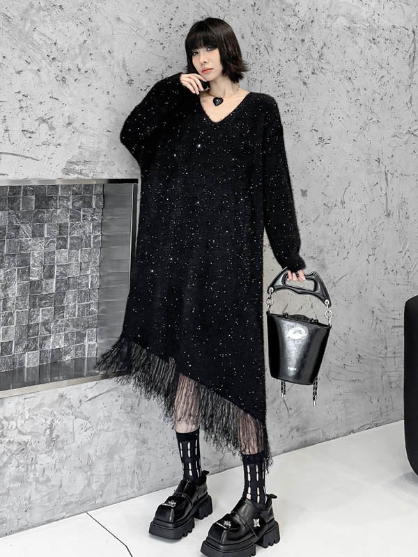 Contrast Color Sequined Shiny Split-Joint Tasseled Irregularity Long Sleeves V-Neck Sweater Dresses Midi Dresses
