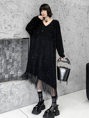 Contrast Color Sequined Shiny Split-Joint Tasseled Irregularity Long Sleeves V-Neck Sweater Dresses Midi Dresses