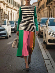 Long Sleeves Contrast Color Pleated Round-Neck Midi Dresses