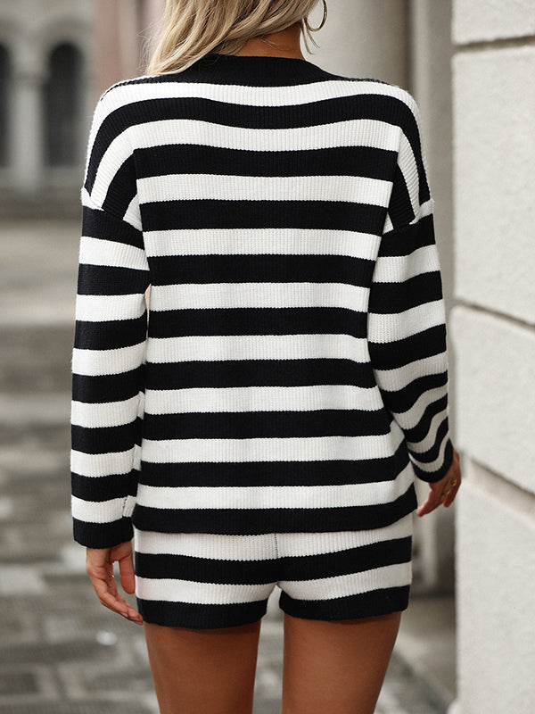 Split-Joint Striped Long Sleeves Loose Round-Neck Two Pieces Set
