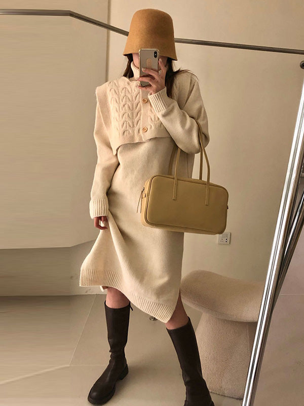 Original Stylish Buttoned Shawl High-Neck Long Sleeves Sweater Dress