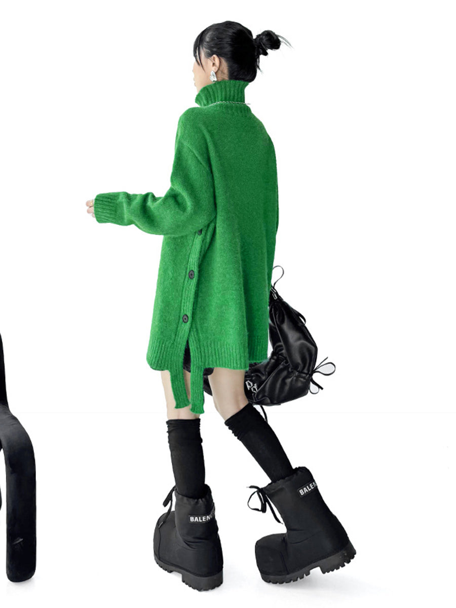 Buttoned Ribs Solid Color Split-Joint Irregularity Long Sleeves High Neck Sweater Tops