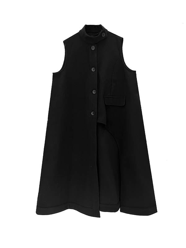 Asymmetric Buttoned Solid Color Split-Joint High-Low Irregularity Stand Collar Padded Vest Outerwear